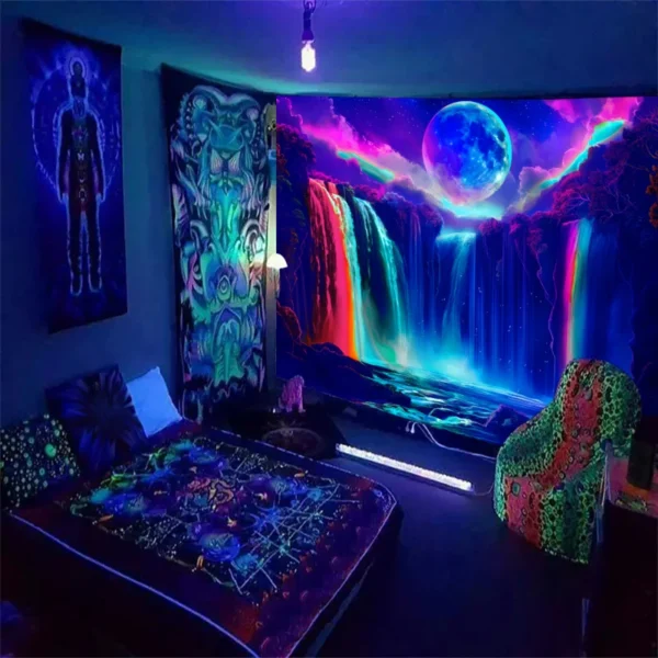 1PC Colorful Waterfall UV Response Tapestry, Moon Night Sky Natural Landscape Black Light Home Decoration Tapestry - Image 6