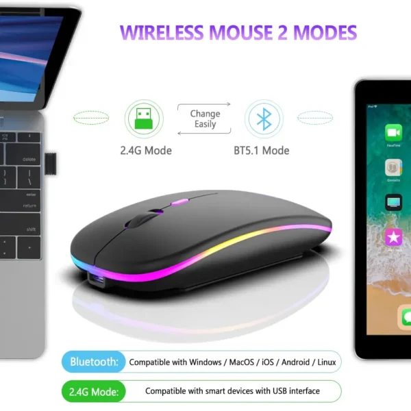 Wireless Mouse Bluetooth and 2.4Ghz Dual Modes Rechargeable RGB Ergonomic Silent Click for PC Ipad Laptop Cell Phone TV - Image 3