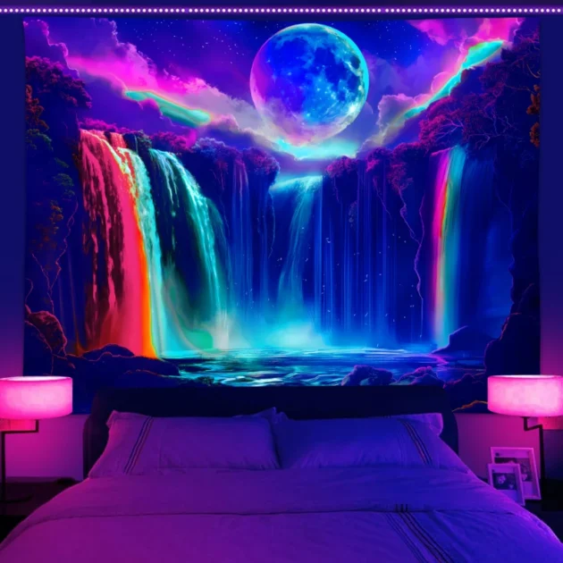 1PC Colorful Waterfall UV Response Tapestry, Moon Night Sky Natural Landscape Black Light Home Decoration Tapestry