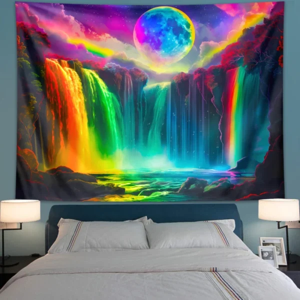 1PC Colorful Waterfall UV Response Tapestry, Moon Night Sky Natural Landscape Black Light Home Decoration Tapestry - Image 5