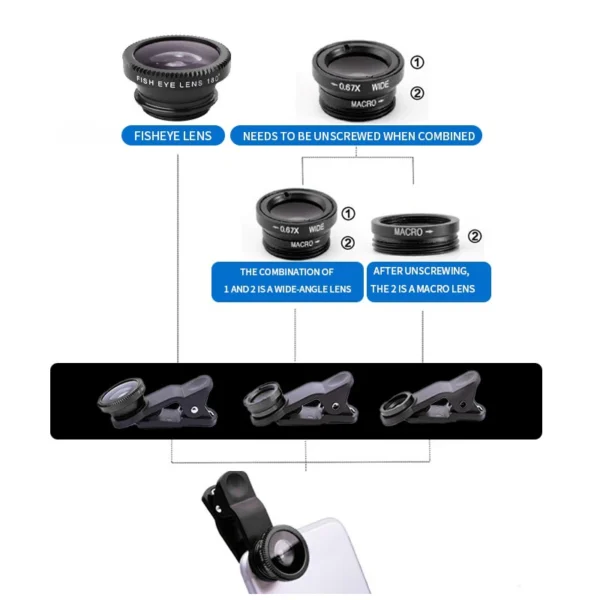 3In1 Fisheye Wide Angle Micro Camera Lens for Iphone Xiaomi Redmi 3IN1 Zoom Fish Eye Len on Smartphone Lenses with Phone Clip - Image 4